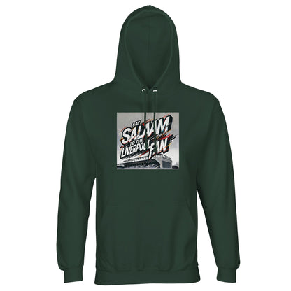 Say Salaam to the Liverpool Fan Design #2 Part-Recycled Unisex Cotton-Poly Hoodie – Bottle Green / Deep Turf featuring stylised graffiti script exploding across a sketched image of Anfield. Crafted from brushed cotton and recycled polyester, it’s both soft and sustainable. The bold colour palette mirrors the roar of the crowd and the calm of conviction. A perfect piece for modern Liverpool fans who wear their Scouse Salaam and support with equal pride.