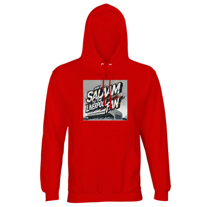 Say Salaam to the Liverpool Fan Design #2 Part-Recycled Unisex Cotton-Poly Hoodie – Bright Red / Matchday Scarlet featuring graffiti-style lettering over a sketched Anfield stadium backdrop. The bold word ‘Salaam’ cuts through motion lines in white, black, and gold, symbolising peace amid the energy of the terraces. Crafted from a brushed cotton-poly blend, this sustainable hoodie merges streetwear and football pride for fans who live their faith as confidently as their club passion.
