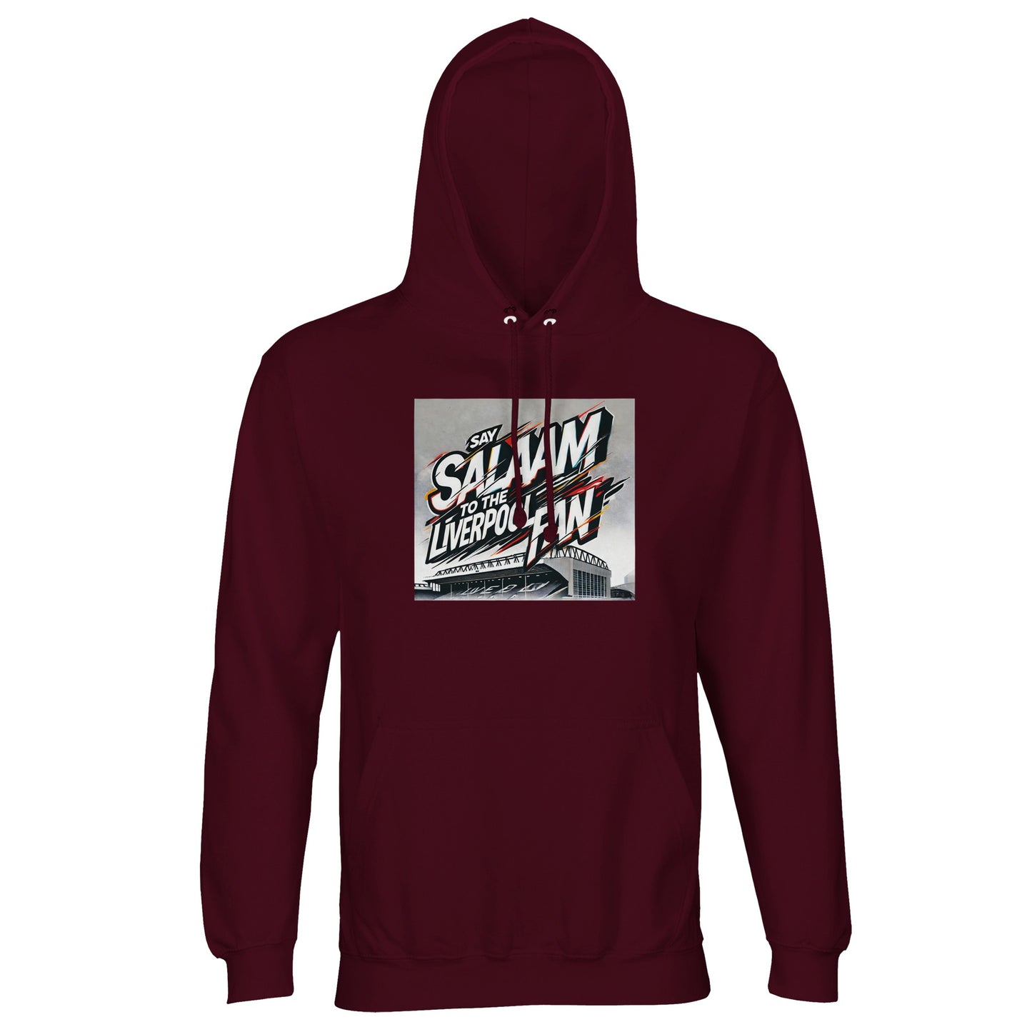 Say Salaam to the Liverpool Fan Design #2 Part-Recycled Unisex Cotton-Poly Hoodie – Burgundy / Claret Smoke featuring graffiti-style typography bursting with white and red paint strokes over a grey Anfield sketch. Made from an eco-friendly brushed cotton-poly blend, it delivers warmth with purpose. A visual blend of art and allegiance, faith and fandom, this hoodie lets supporters celebrate both their Liverpool pride and the peace carried in every Premier League Salaam.