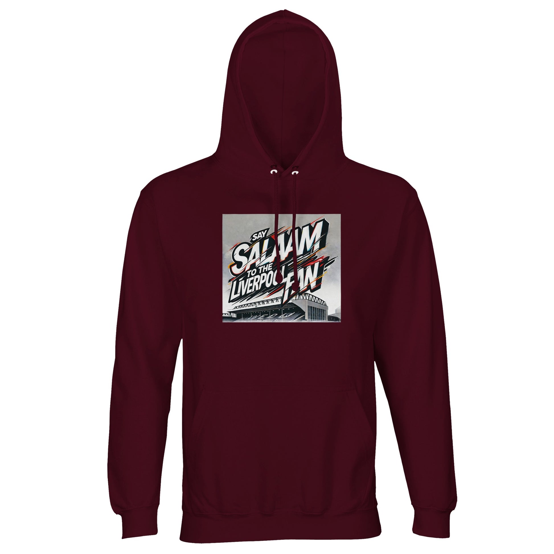 Say Salaam to the Liverpool Fan Design #2 Part-Recycled Unisex Cotton-Poly Hoodie – Burgundy / Claret Smoke featuring graffiti-style typography bursting with white and red paint strokes over a grey Anfield sketch. Made from an eco-friendly brushed cotton-poly blend, it delivers warmth with purpose. A visual blend of art and allegiance, faith and fandom, this hoodie lets supporters celebrate both their Liverpool pride and the peace carried in every Premier League Salaam.