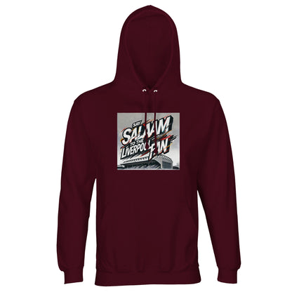 Say Salaam to the Liverpool Fan Design #2 Part-Recycled Unisex Cotton-Poly Hoodie – Burgundy / Claret Smoke featuring graffiti-style typography bursting with white and red paint strokes over a grey Anfield sketch. Made from an eco-friendly brushed cotton-poly blend, it delivers warmth with purpose. A visual blend of art and allegiance, faith and fandom, this hoodie lets supporters celebrate both their Liverpool pride and the peace carried in every Premier League Salaam.