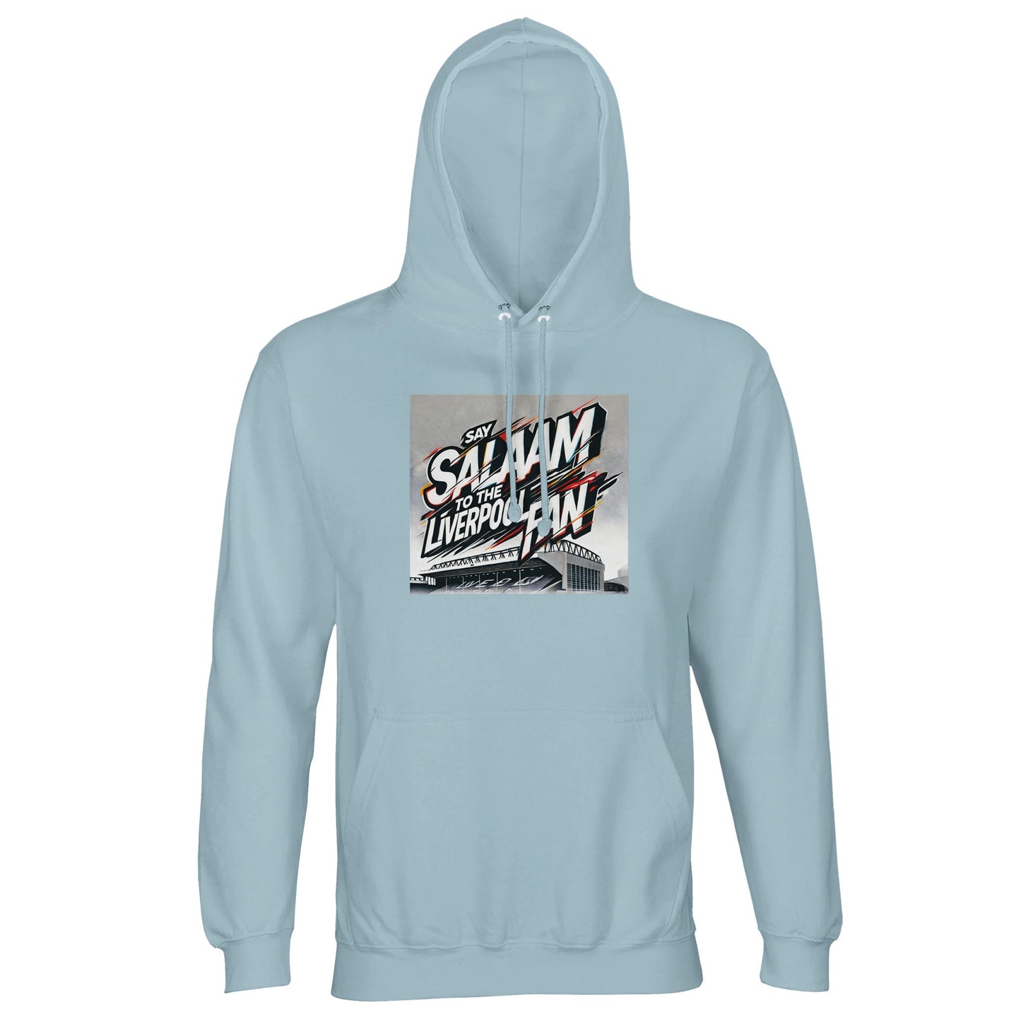 Say Salaam to the Liverpool Fan Design #2 Part-Recycled Unisex Cotton-Poly Hoodie – Creamy Blue / Waikawa Grey featuring expressive graffiti text above a hand-drawn Anfield in warm red and soft gold. The muted tone adds serenity to the artwork’s motion. Crafted from brushed fleece cotton-poly fabric for warmth and sustainability, it’s a modest hoodie for Liverpool fans who play life with grace, from Friday prayers to matchday kick-off.