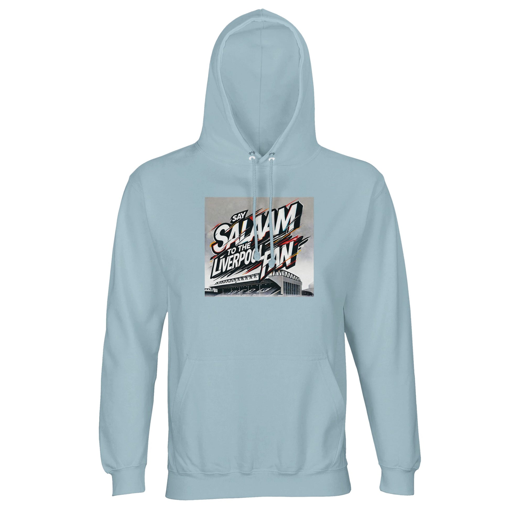 Say Salaam to the Liverpool Fan Design #2 Part-Recycled Unisex Cotton-Poly Hoodie – Creamy Blue / Waikawa Grey featuring expressive graffiti text above a hand-drawn Anfield in warm red and soft gold. The muted tone adds serenity to the artwork’s motion. Crafted from brushed fleece cotton-poly fabric for warmth and sustainability, it’s a modest hoodie for Liverpool fans who play life with grace, from Friday prayers to matchday kick-off.