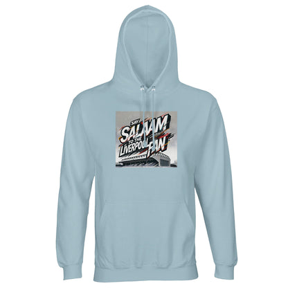 Say Salaam to the Liverpool Fan Design #2 Part-Recycled Unisex Cotton-Poly Hoodie – Creamy Blue / Waikawa Grey featuring expressive graffiti text above a hand-drawn Anfield in warm red and soft gold. The muted tone adds serenity to the artwork’s motion. Crafted from brushed fleece cotton-poly fabric for warmth and sustainability, it’s a modest hoodie for Liverpool fans who play life with grace, from Friday prayers to matchday kick-off.