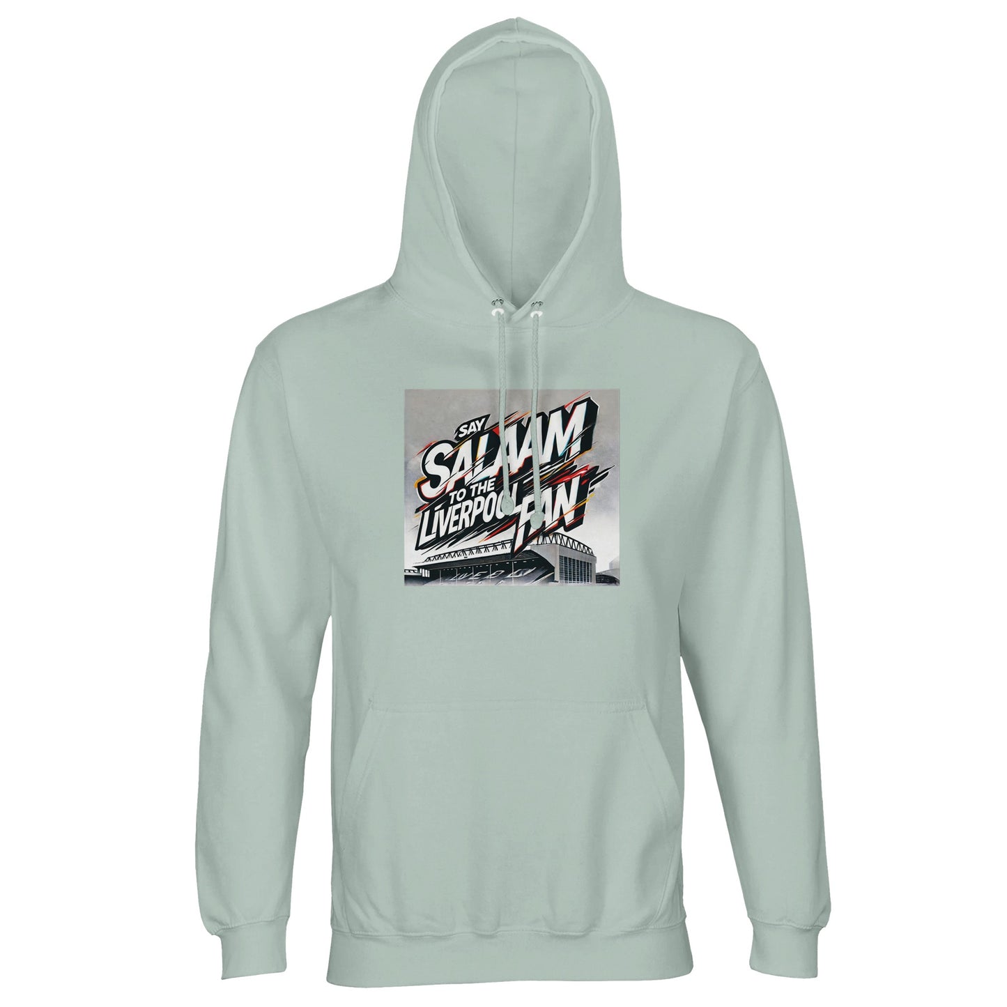 Say Salaam to the Liverpool Fan Design #2 Part-Recycled Unisex Cotton-Poly Hoodie – Creamy Green / Greenish Grey featuring graffiti lettering layered over a monochrome Anfield sketch in red, white, and gold. The fresh tone blends calm and creativity. A sustainable brushed fleece hoodie designed for Muslim Liverpool fans who mix devotion with design — modest, modern, and wearable beyond stadium lights or Salah time alike.