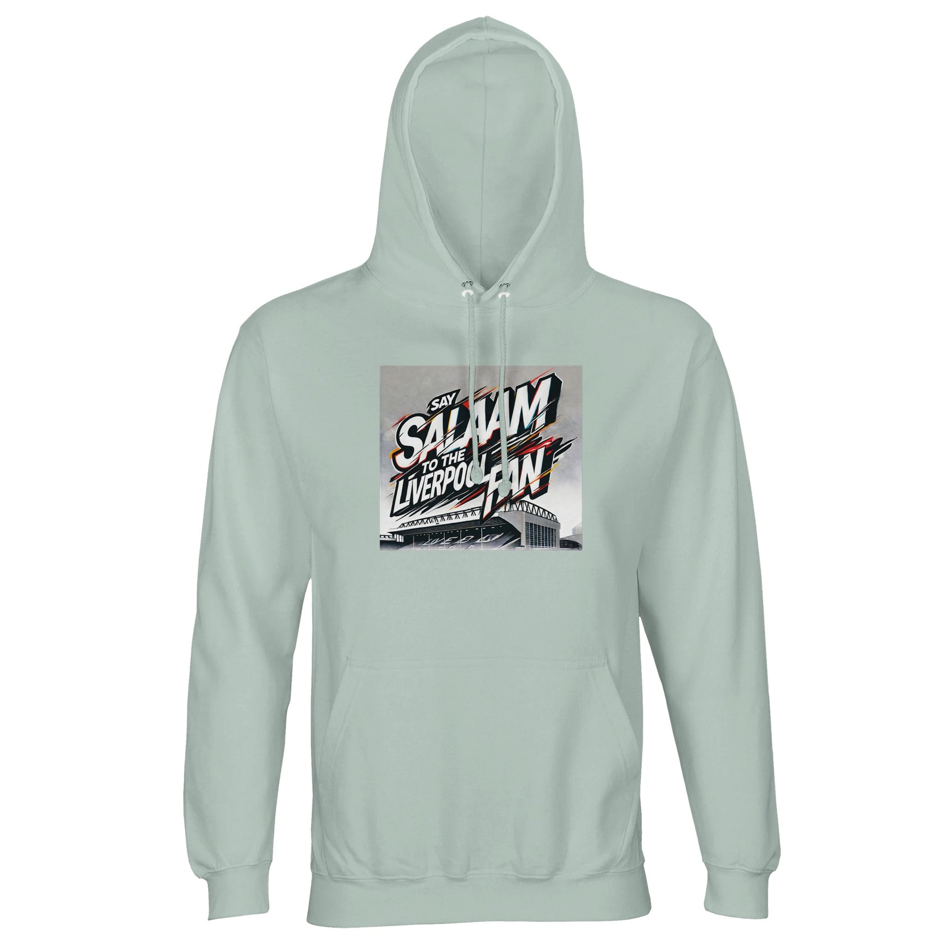 Say Salaam to the Liverpool Fan Design #2 Part-Recycled Unisex Cotton-Poly Hoodie – Creamy Green / Greenish Grey featuring graffiti lettering layered over a monochrome Anfield sketch in red, white, and gold. The fresh tone blends calm and creativity. A sustainable brushed fleece hoodie designed for Muslim Liverpool fans who mix devotion with design — modest, modern, and wearable beyond stadium lights or Salah time alike.