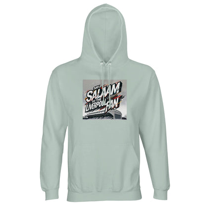 Say Salaam to the Liverpool Fan Design #2 Part-Recycled Unisex Cotton-Poly Hoodie – Creamy Green / Greenish Grey featuring graffiti lettering layered over a monochrome Anfield sketch in red, white, and gold. The fresh tone blends calm and creativity. A sustainable brushed fleece hoodie designed for Muslim Liverpool fans who mix devotion with design — modest, modern, and wearable beyond stadium lights or Salah time alike.