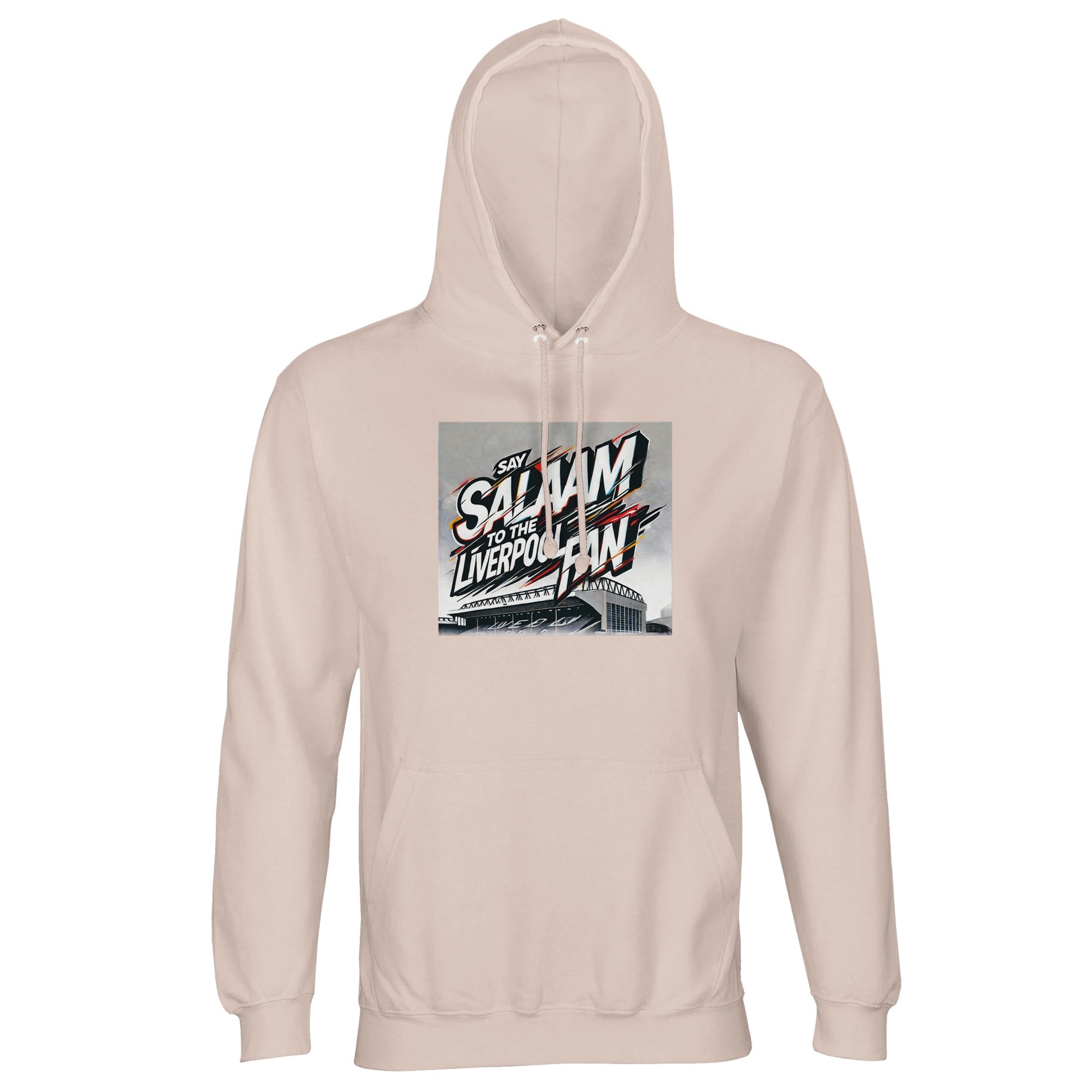 Say Salaam to the Liverpool Fan Design #2 Part-Recycled Unisex Cotton-Poly Hoodie – Creamy Pink / Oyster Pink featuring graffiti-style text across an illustrated Anfield in red, gold, and white. Soft in tone but bold in spirit, it captures peace and pride in one brushstroke. Made from brushed cotton-poly fleece, this pullover suits Liverpool fans who prefer gentle colour, faith-friendly fashion, and affordable comfort inspired by both deen and team.