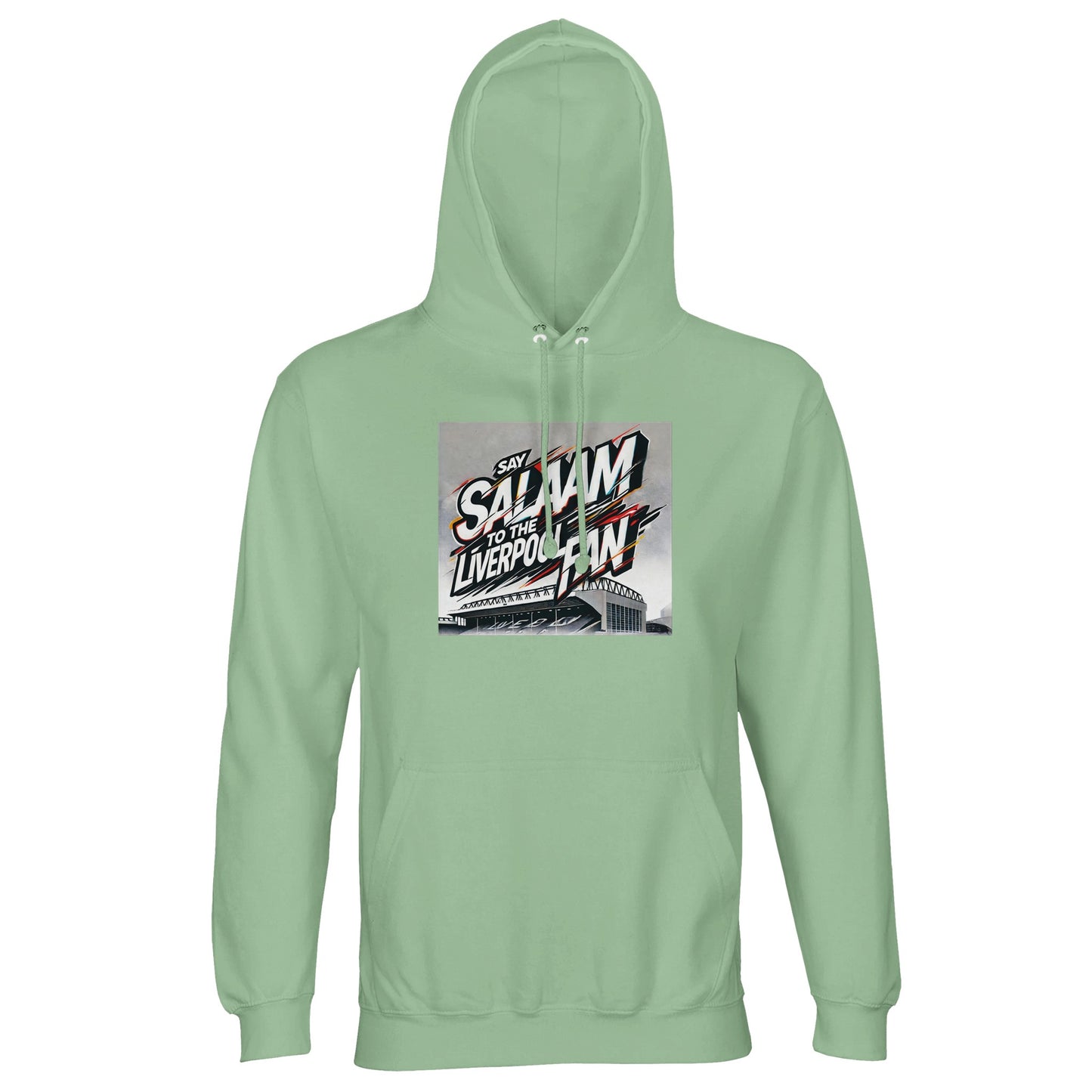 Say Salaam to the Liverpool Fan Design #2 Part-Recycled Unisex Cotton-Poly Hoodie – Frozen Green / Opal featuring red and gold graffiti script over an Anfield outline. The icy hue reflects calm confidence and faith under pressure. Crafted from a soft brushed fleece blend, this hoodie unites sustainability, comfort, and cultural pride — a wearable celebration of football passion and peaceful expression for Liverpool fans around the world.