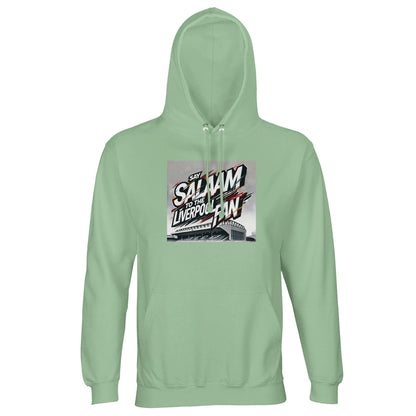 Say Salaam to the Liverpool Fan Design #2 Part-Recycled Unisex Cotton-Poly Hoodie – Frozen Green / Opal featuring red and gold graffiti script over an Anfield outline. The icy hue reflects calm confidence and faith under pressure. Crafted from a soft brushed fleece blend, this hoodie unites sustainability, comfort, and cultural pride — a wearable celebration of football passion and peaceful expression for Liverpool fans around the world.
