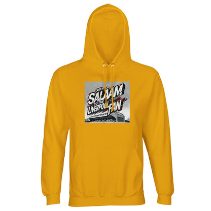 Say Salaam to the Liverpool Fan Design #2 Part-Recycled Unisex Cotton-Poly Hoodie – Gold / Gamboge featuring bold graffiti-style typography above an illustrated Anfield in white, red, and black. The bright tone celebrates victory, unity, and the joy of saying Salaam. Made from soft brushed fleece in a sustainable cotton-poly blend, this hoodie brings faith and football together for true Reds fans who honour style, purpose, and the peaceful rhythm of the game.