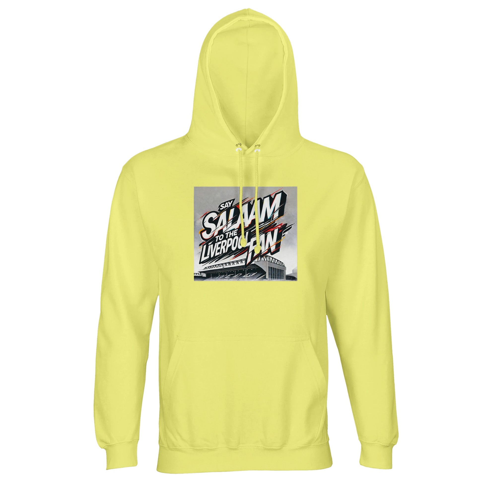 Say Salaam to the Liverpool Fan Design #2 Part-Recycled Unisex Cotton-Poly Hoodie – Light Yellow / Lemon Chiffon featuring graffiti text over a detailed Anfield sketch in red, white, and gold. The bright pastel evokes optimism and faith in motion. A brushed fleece hoodie for Liverpool fans who stream matches, share chants, and carry peace into every celebration. Comfortable, modest, and spirited — the perfect all-season pullover for the faithful football community.