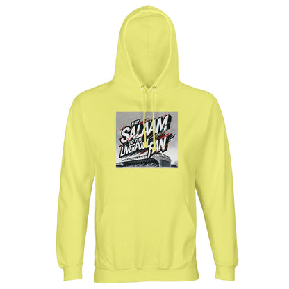 Say Salaam to the Liverpool Fan Design #2 Part-Recycled Unisex Cotton-Poly Hoodie – Light Yellow / Lemon Chiffon featuring graffiti text over a detailed Anfield sketch in red, white, and gold. The bright pastel evokes optimism and faith in motion. A brushed fleece hoodie for Liverpool fans who stream matches, share chants, and carry peace into every celebration. Comfortable, modest, and spirited — the perfect all-season pullover for the faithful football community.