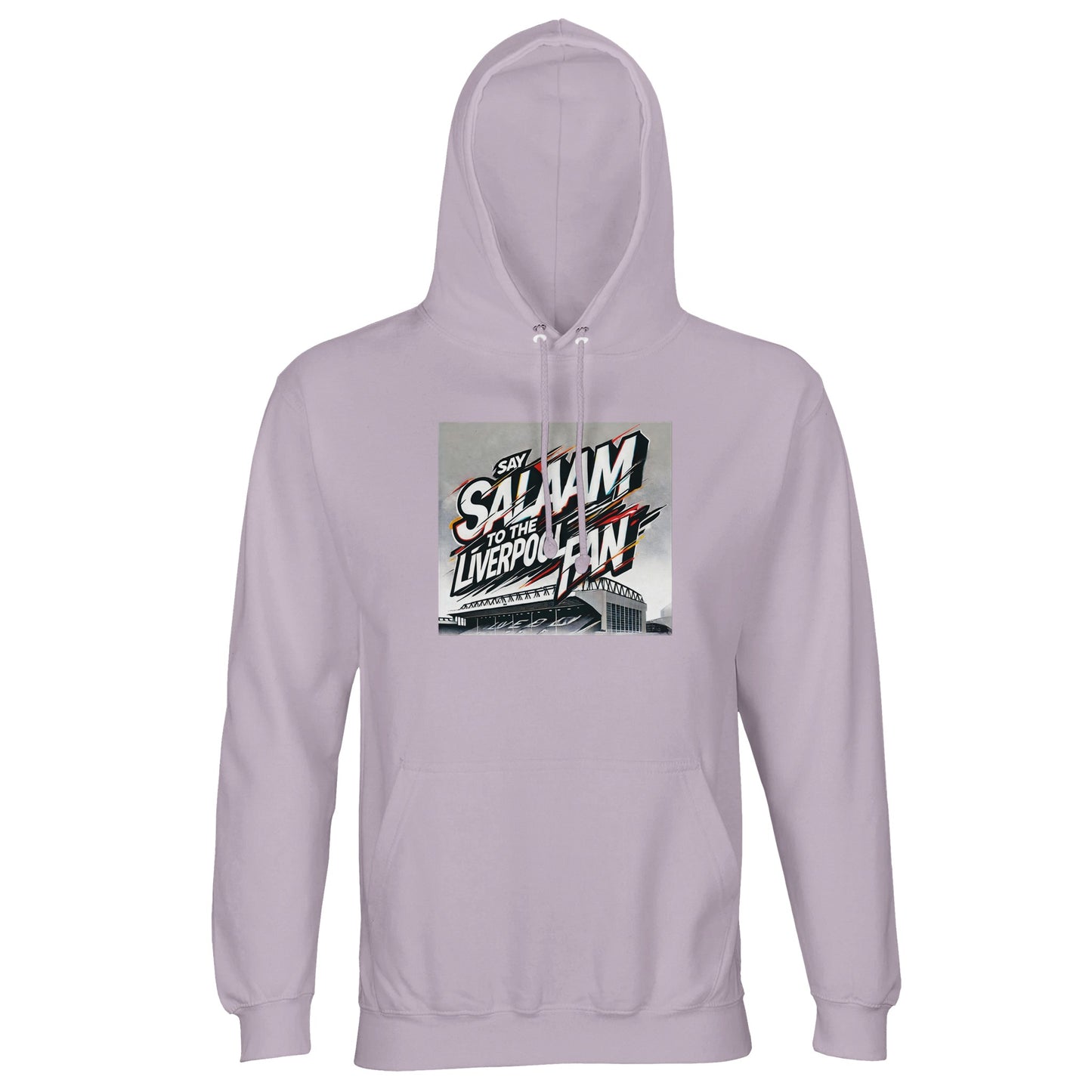 Say Salaam to the Liverpool Fan Design #2 Part-Recycled Unisex Cotton-Poly Hoodie – Lilak / Lilac / Wisteria Purple featuring expressive graffiti lettering and a detailed Anfield drawing. Red, white, and gold tones blend vibrance with tranquillity. Made from brushed fleece cotton-poly fabric, it’s modest, gender-inclusive, and full of faith-infused style. For Liverpool fans who greet life’s goals with Salaam — thoughtful streetwear stitched with warmth and sincerity.