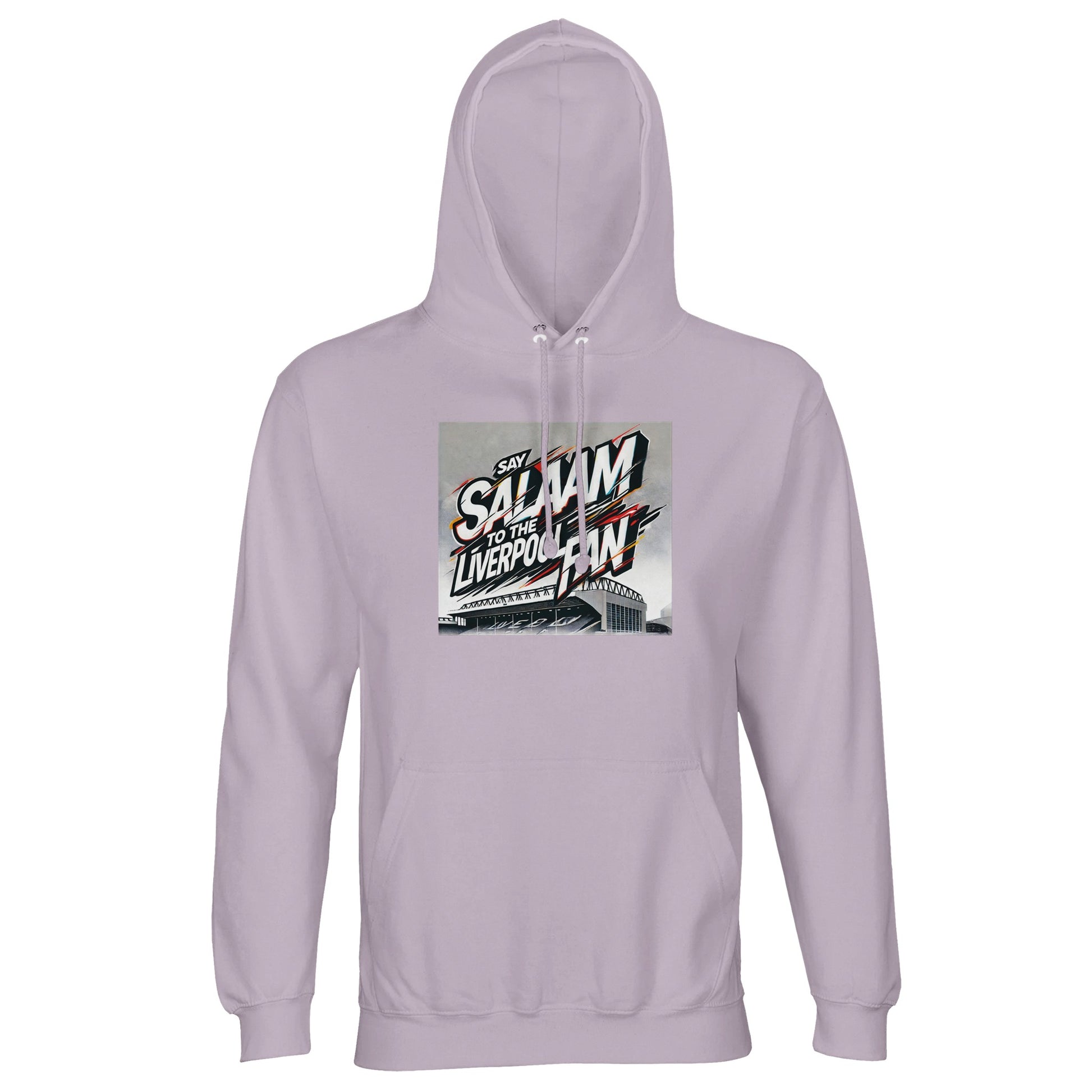 Say Salaam to the Liverpool Fan Design #2 Part-Recycled Unisex Cotton-Poly Hoodie – Lilak / Lilac / Wisteria Purple featuring expressive graffiti lettering and a detailed Anfield drawing. Red, white, and gold tones blend vibrance with tranquillity. Made from brushed fleece cotton-poly fabric, it’s modest, gender-inclusive, and full of faith-infused style. For Liverpool fans who greet life’s goals with Salaam — thoughtful streetwear stitched with warmth and sincerity.