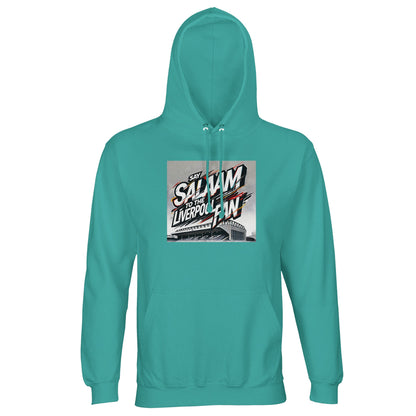 Say Salaam to the Liverpool Fan Design #2 Part-Recycled Unisex Cotton-Poly Hoodie – Pool Blue / Cyan Mist featuring vivid black, red, and white graffiti lettering stretched diagonally over Anfield’s illustrated roofline. The dynamic brush strokes capture Liverpool’s rhythm and unity. Made from a soft, breathable cotton-poly blend with brushed fleece for comfort, it celebrates fans who greet every goal, prayer, and matchday with equal conviction — a wearable reflection of Salaam and solidarity.