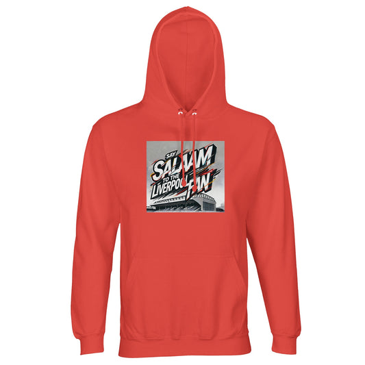 Say Salaam to the Liverpool Fan Design #2 Part-Recycled Unisex Cotton-Poly Hoodie – Pop Orange / Retro Ember featuring electrifying graffiti typography in red, white, and black above a pencil-sketched Anfield stadium. The brushed fleece interior keeps it soft and substantial, while the design embodies energy, inclusion, and artful rebellion. A bold statement for Muslim and global Liverpool fans alike — uniting Anfield’s spirit with Salaam’s meaning in a single striking graphic.