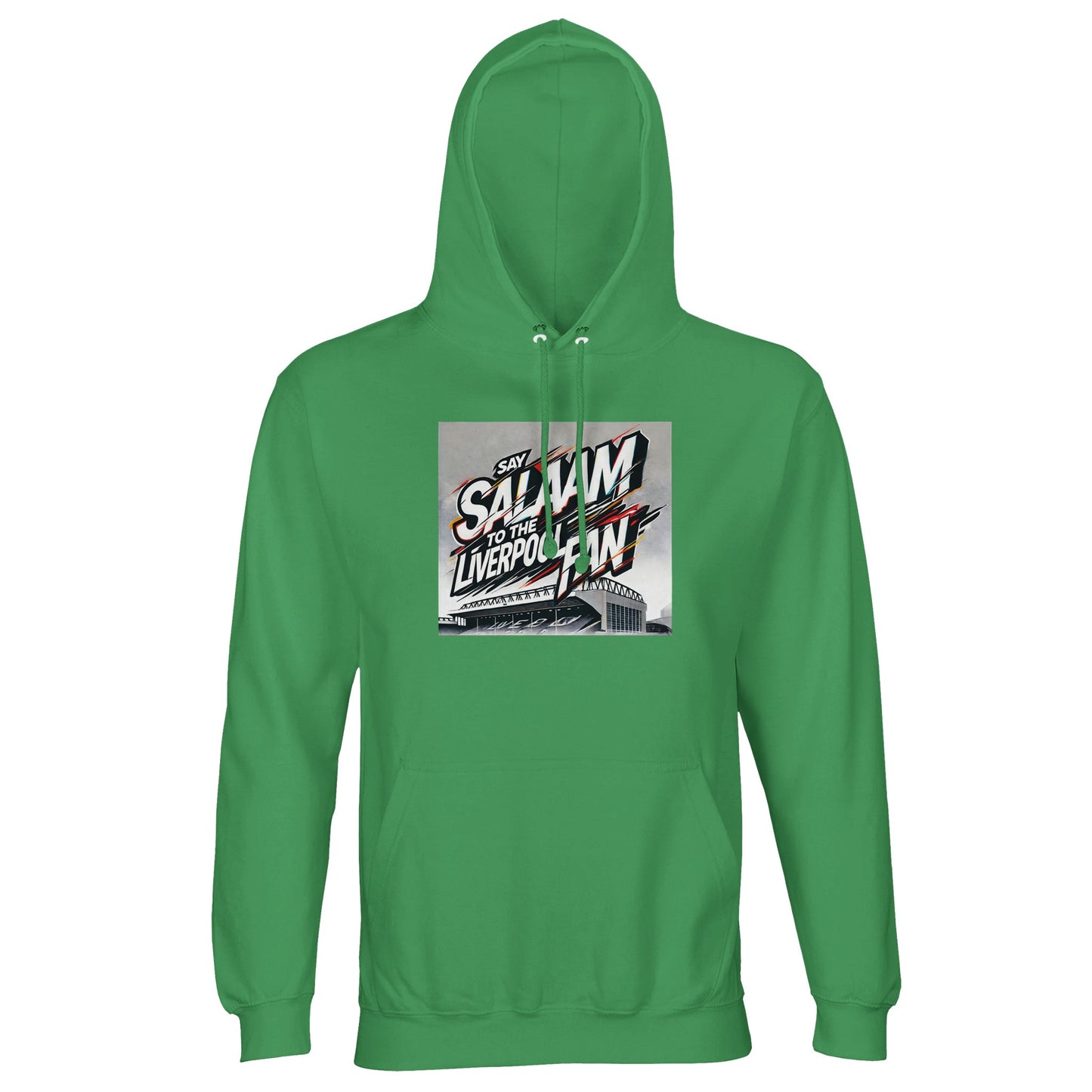 Say Salaam to the Liverpool Fan Design #2 Part-Recycled Unisex Cotton-Poly Hoodie – Spring Green / Pitch Lime featuring a graffiti-inspired logo splashed across Anfield’s illustrated stands. White and red strokes erupt from the lettering to create movement and contrast. Designed from sustainable brushed fleece with a cotton-poly mix, it delivers warmth and durability for fans everywhere. A fresh, street-style tribute to Liverpool’s culture and the universal greeting that connects football and faith.