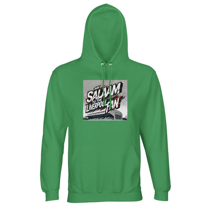 Say Salaam to the Liverpool Fan Design #2 Part-Recycled Unisex Cotton-Poly Hoodie – Spring Green / Pitch Lime featuring a graffiti-inspired logo splashed across Anfield’s illustrated stands. White and red strokes erupt from the lettering to create movement and contrast. Designed from sustainable brushed fleece with a cotton-poly mix, it delivers warmth and durability for fans everywhere. A fresh, street-style tribute to Liverpool’s culture and the universal greeting that connects football and faith.