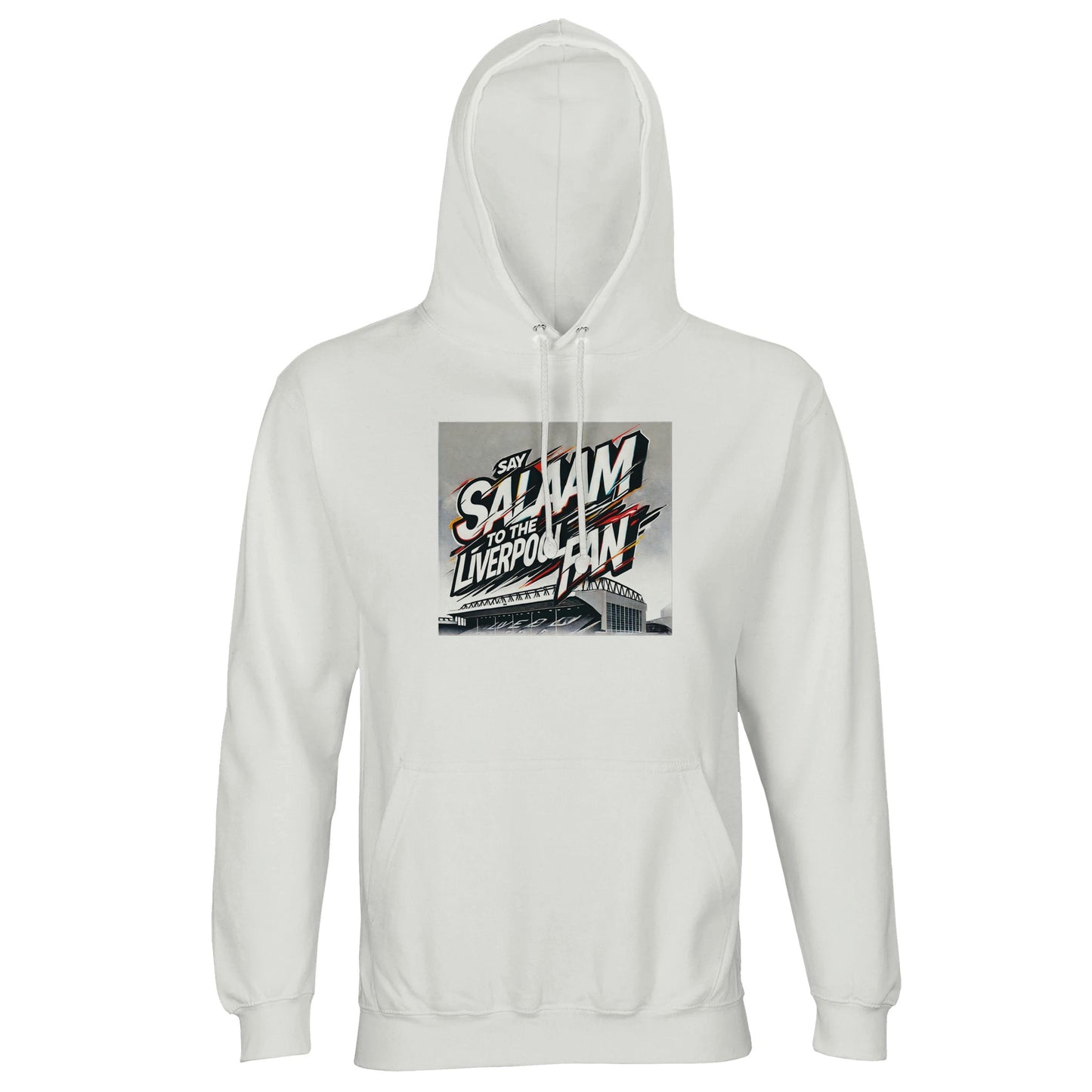 Say Salaam to the Liverpool Fan Design #2 Part-Recycled Unisex Cotton-Poly Hoodie – White / Platinum featuring graffiti-inspired lettering layered across an Anfield outline in red, black, and gold. Clean, modern, and meaningful, the artwork captures both pride and tranquillity. Made from soft cotton-poly brushed fleece, this long-sleeved top gives global Liverpool fans a stylish way to wear faith and fandom together — streetwear made for harmony and heart.