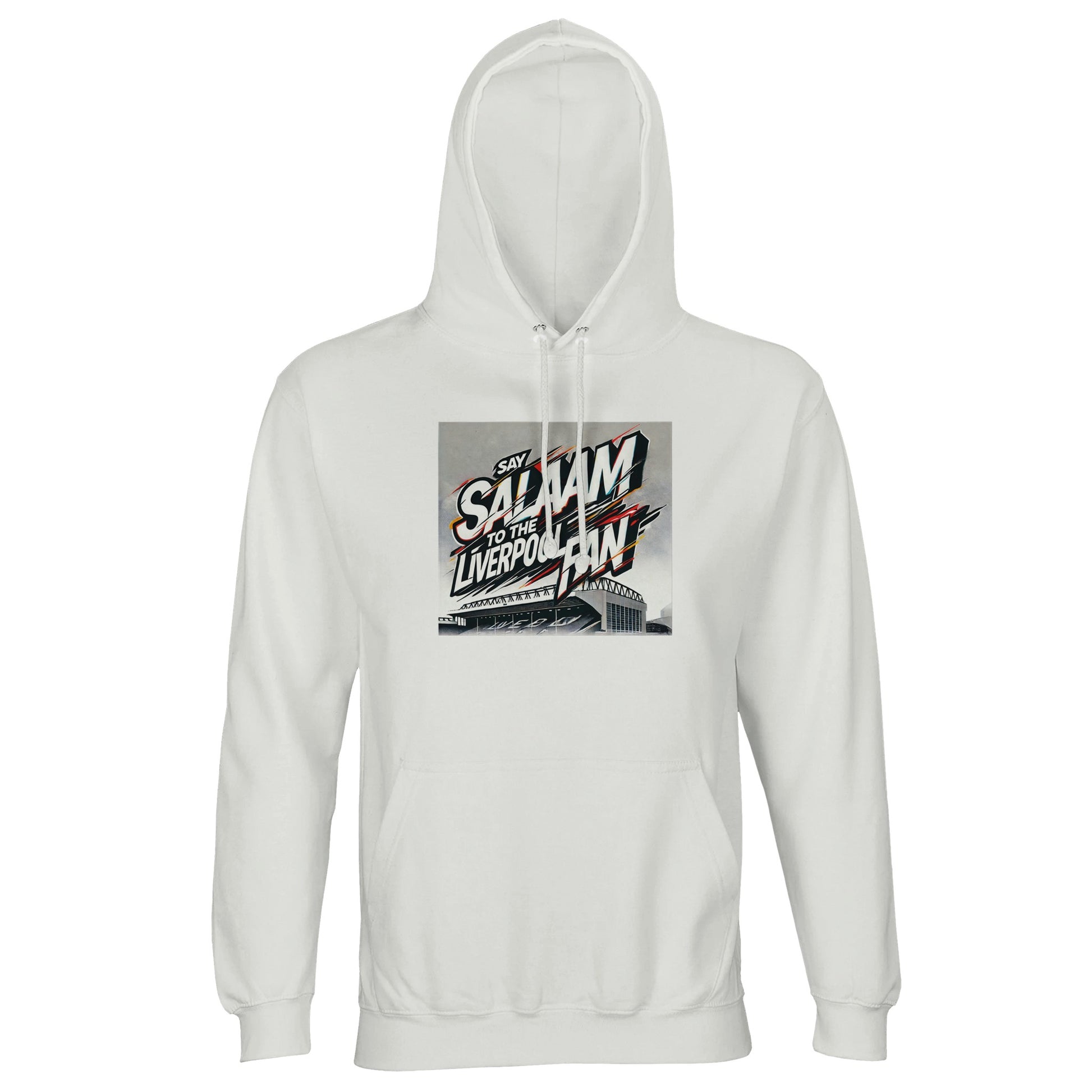 Say Salaam to the Liverpool Fan Design #2 Part-Recycled Unisex Cotton-Poly Hoodie – White / Platinum featuring graffiti-inspired lettering layered across an Anfield outline in red, black, and gold. Clean, modern, and meaningful, the artwork captures both pride and tranquillity. Made from soft cotton-poly brushed fleece, this long-sleeved top gives global Liverpool fans a stylish way to wear faith and fandom together — streetwear made for harmony and heart.