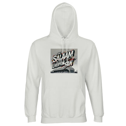Say Salaam to the Liverpool Fan Design #2 Part-Recycled Unisex Cotton-Poly Hoodie – White / Platinum featuring graffiti-inspired lettering layered across an Anfield outline in red, black, and gold. Clean, modern, and meaningful, the artwork captures both pride and tranquillity. Made from soft cotton-poly brushed fleece, this long-sleeved top gives global Liverpool fans a stylish way to wear faith and fandom together — streetwear made for harmony and heart.