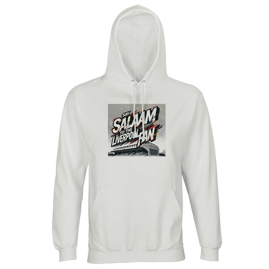 Say Salaam to the Liverpool Fan Design #2 Part-Recycled Unisex Cotton-Poly Hoodie – White / Platinum featuring graffiti-inspired lettering layered across an Anfield outline in red, black, and gold. Clean, modern, and meaningful, the artwork captures both pride and tranquillity. Made from soft cotton-poly brushed fleece, this long-sleeved top gives global Liverpool fans a stylish way to wear faith and fandom together — streetwear made for harmony and heart.
