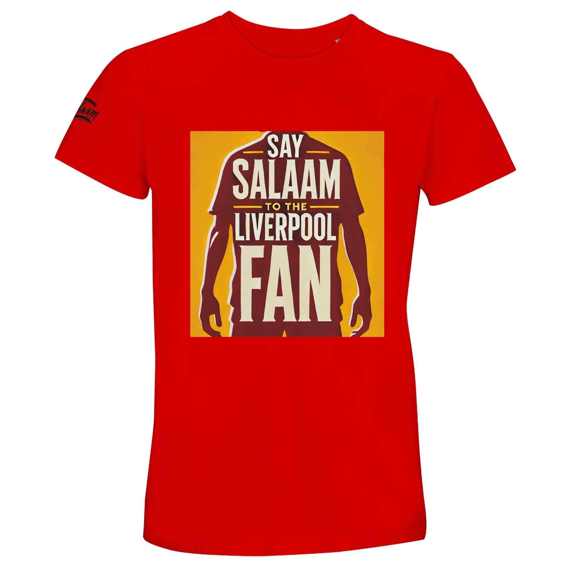 Say Salaam to the Liverpool Fan Design #3 50% Recycled Unisex Cotton T-Shirt – Bright Red / Matchday Scarlet featuring striking gold artwork with a footballer silhouette and bold lettering. Made from a 50% recycled cotton blend, this short-sleeve tee channels passion, purpose, and pride. A soft, breathable essential for eco-aware fans who live the spirit of Salaam — sharing peace and energy from the Kop to cafés, from game night chants to everyday streetwear.
