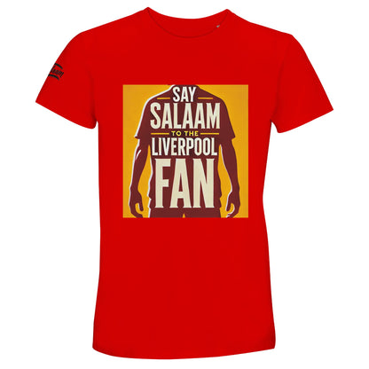 Say Salaam to the Liverpool Fan Design #3 50% Recycled Unisex Cotton T-Shirt – Bright Red / Matchday Scarlet featuring striking gold artwork with a footballer silhouette and bold lettering. Made from a 50% recycled cotton blend, this short-sleeve tee channels passion, purpose, and pride. A soft, breathable essential for eco-aware fans who live the spirit of Salaam — sharing peace and energy from the Kop to cafés, from game night chants to everyday streetwear.