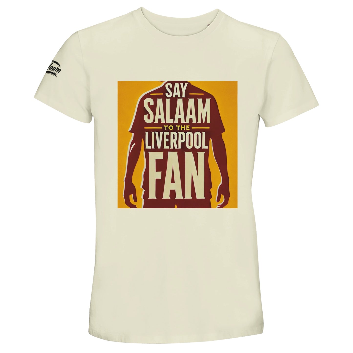 Say Salaam to the Liverpool Fan Design #3 50% Recycled Unisex Cotton T-Shirt – Natural / Sandstone featuring warm red and gold tones with a silhouetted player rising behind bold Liverpool typography. Ethically made from 100% cotton (50% recycled), this lightweight, breathable tee celebrates faith, football, and the planet in one wearable gesture of belonging. For those who believe that sport can unite hearts and bridge worlds, this design says Salaam to every fan who shares the love of the game.