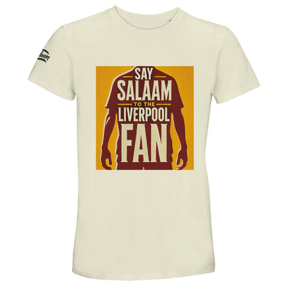 Say Salaam to the Liverpool Fan Design #3 50% Recycled Unisex Cotton T-Shirt – Natural / Sandstone featuring warm red and gold tones with a silhouetted player rising behind bold Liverpool typography. Ethically made from 100% cotton (50% recycled), this lightweight, breathable tee celebrates faith, football, and the planet in one wearable gesture of belonging. For those who believe that sport can unite hearts and bridge worlds, this design says Salaam to every fan who shares the love of the game.