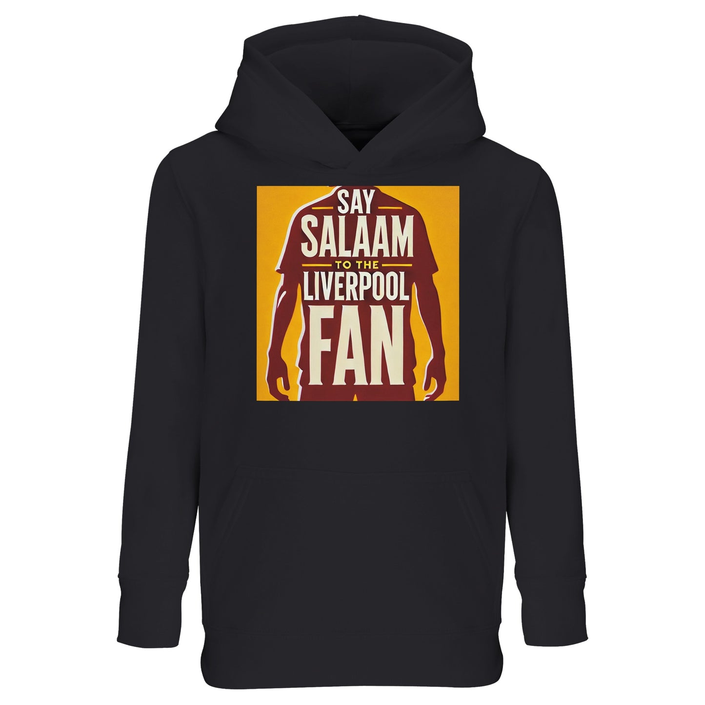 Say Salaam to the Liverpool Fan Design #3 Part-Recycled Cotton-Poly Kids Hoodie – Black / Onyx featuring a bold burgundy silhouette of a Liverpool player standing tall beneath golden text that reads ‘Say Salaam to the Liverpool Fan’. The graphic radiates pride and faith, resembling a badge of honour. Made from a soft, eco-friendly brushed fleece cotton-poly blend, it delivers comfort, durability, and warmth for every young supporter who cheers, prays, and dreams of Anfield.