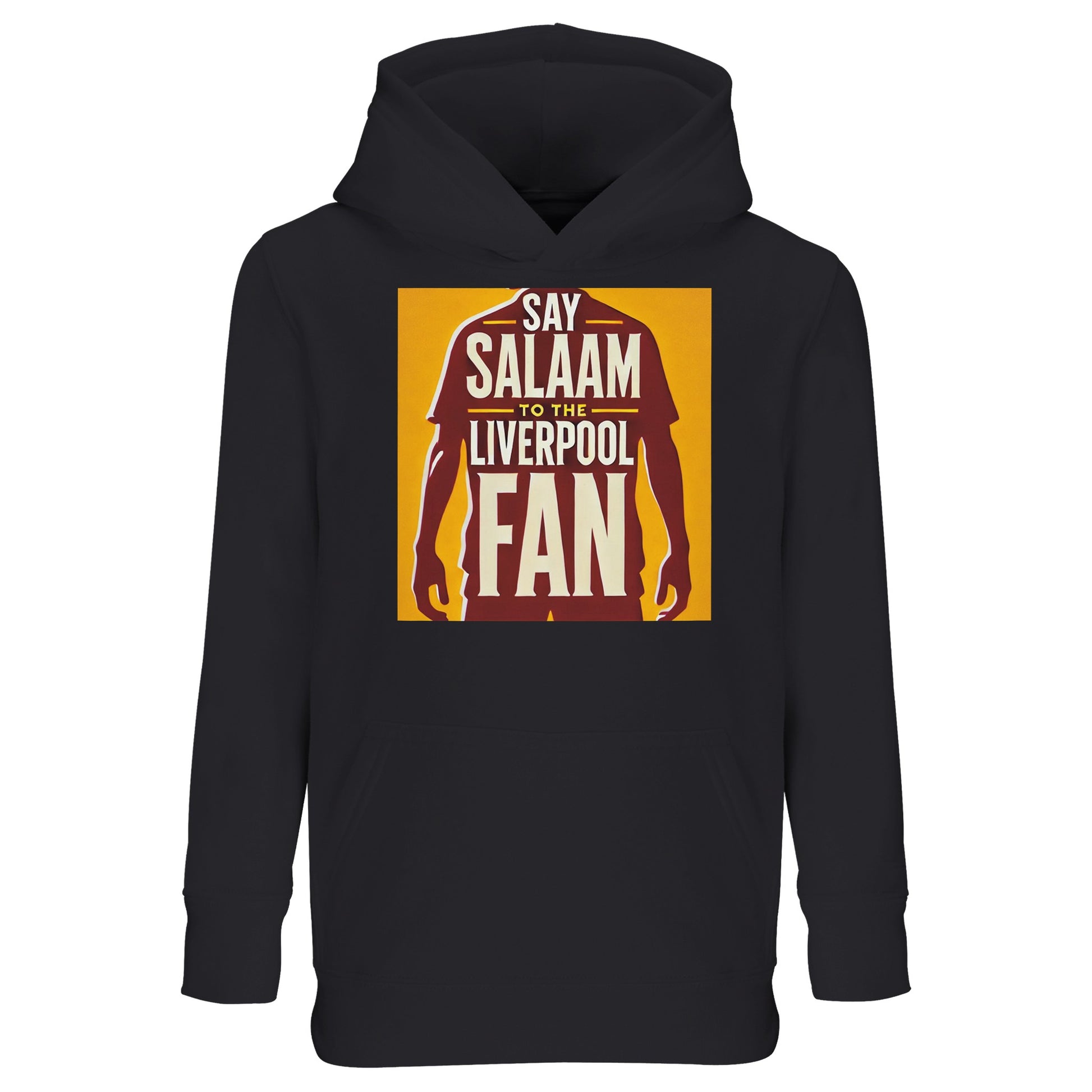 Say Salaam to the Liverpool Fan Design #3 Part-Recycled Cotton-Poly Kids Hoodie – Black / Onyx featuring a bold burgundy silhouette of a Liverpool player standing tall beneath golden text that reads ‘Say Salaam to the Liverpool Fan’. The graphic radiates pride and faith, resembling a badge of honour. Made from a soft, eco-friendly brushed fleece cotton-poly blend, it delivers comfort, durability, and warmth for every young supporter who cheers, prays, and dreams of Anfield.