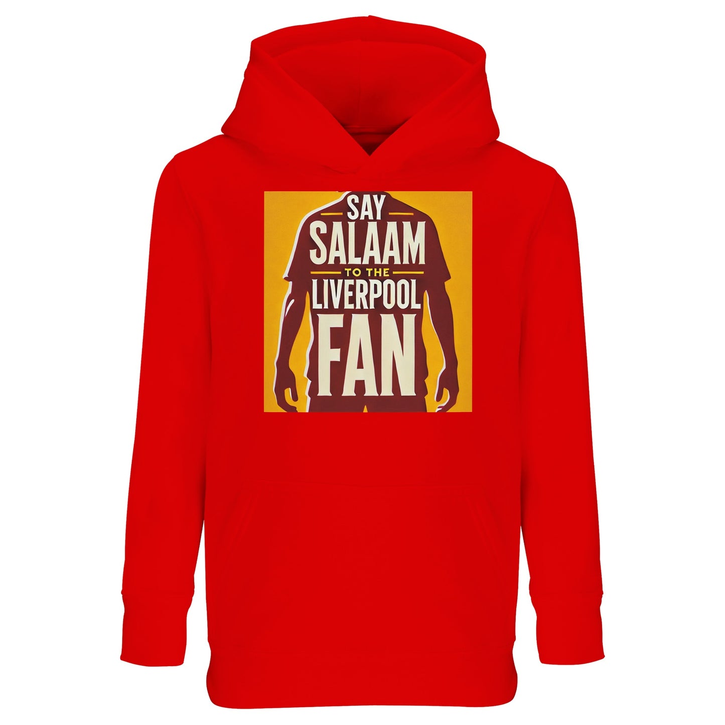 Say Salaam to the Liverpool Fan Design #3 Part-Recycled Cotton-Poly Kids Hoodie – Bright Red / Matchday Scarlet with the words ‘Say Salaam to the Liverpool Fan’ in striking yellow and cream block lettering framed by the silhouette of a standing player. The artwork evokes vintage poster energy and Anfield loyalty. This brushed fleece hoodie, made from 80% cotton and 20% recycled polyester, wraps kids in warmth and team spirit — perfect for matchdays, mosque days, or everyday adventures.