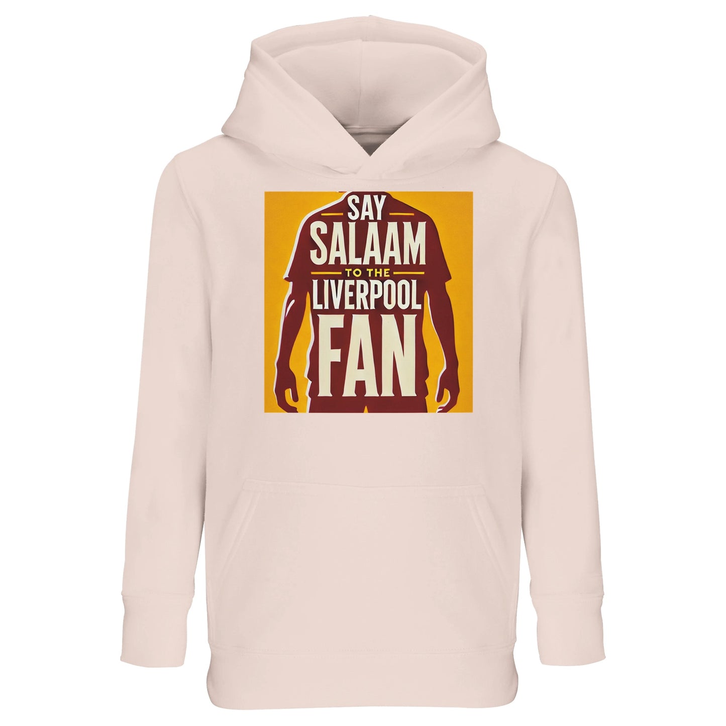Say Salaam to the Liverpool Fan Design #3 Part-Recycled Cotton-Poly Kids Hoodie – Creamy Pink / Blush Heritage featuring the iconic burgundy silhouette of a Liverpool player outlined by bold golden block text. Soft yet powerful, it combines club passion with faith-based style. The brushed fleece blend ensures cosy warmth and durability for active young fans who love expressing their Salaam — from cheering in the stands for Mo Salah to playing in the park.