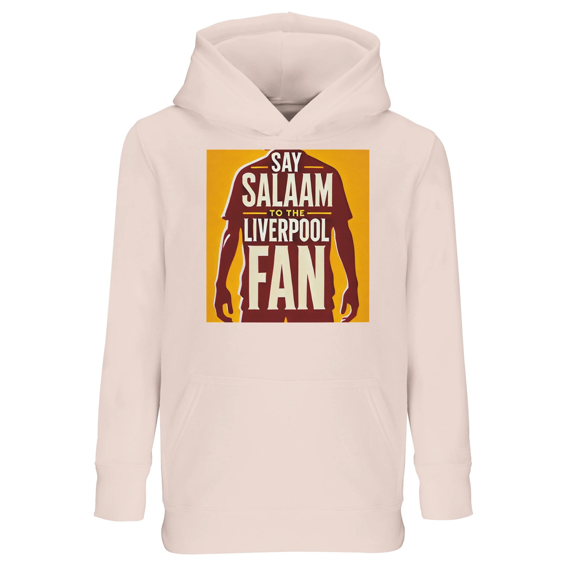 Say Salaam to the Liverpool Fan Design #3 Part-Recycled Cotton-Poly Kids Hoodie – Creamy Pink / Blush Heritage featuring the iconic burgundy silhouette of a Liverpool player outlined by bold golden block text. Soft yet powerful, it combines club passion with faith-based style. The brushed fleece blend ensures cosy warmth and durability for active young fans who love expressing their Salaam — from cheering in the stands for Mo Salah to playing in the park.