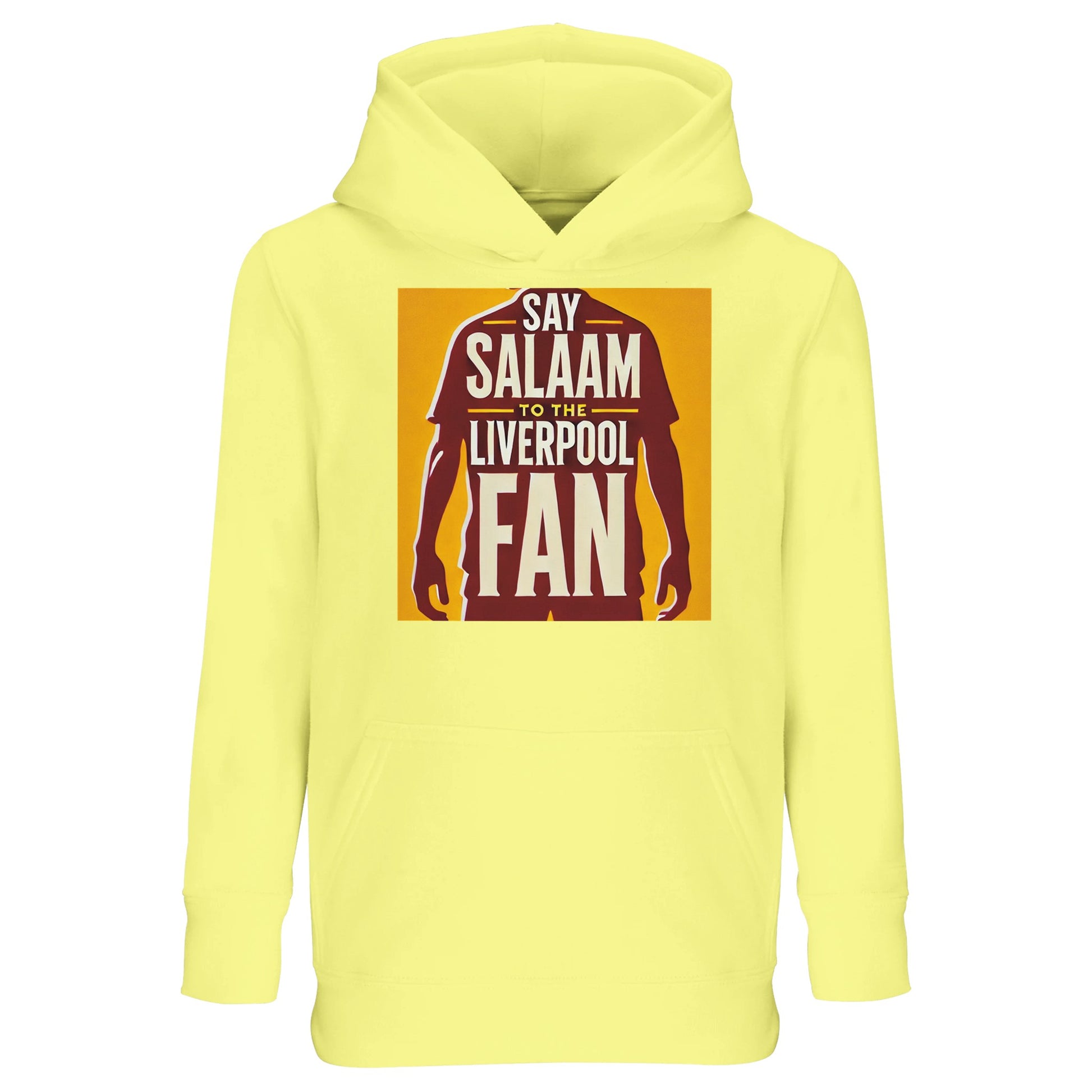 Say Salaam to the Liverpool Fan Design #3 Part-Recycled Cotton-Poly Kids Hoodie – Light Yellow / Soft Canary featuring a rich maroon silhouette of a Liverpool player under golden typography spelling ‘Say Salaam to the Liverpool Fan’. The bright background adds energy and joy to the message of peace and pride. Crafted from a brushed fleece cotton-poly mix, this kids’ hoodie brings together faith, football, and comfort in one spirited piece that feels as good as it looks.