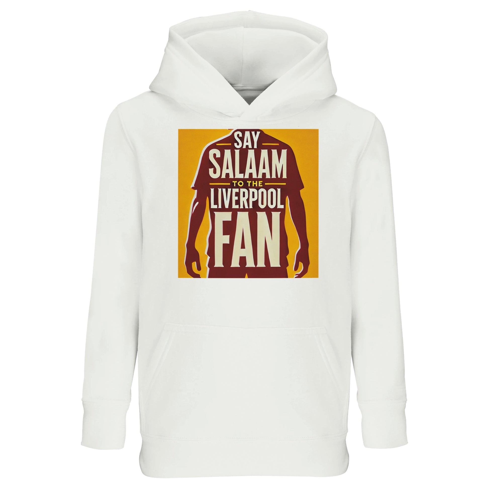 Say Salaam to the Liverpool Fan Design #3 Part-Recycled Cotton-Poly Kids Hoodie – White / Classic Chalk featuring deep red artwork of a Liverpool figure framed within golden and cream lettering that reads ‘Say Salaam to the Liverpool Fan’. Clean and timeless, it mirrors both the purity of the greeting and the strength of club devotion. Made from sustainable brushed cotton-poly fleece, it keeps kids warm, confident, and connected — wherever their football story begins.