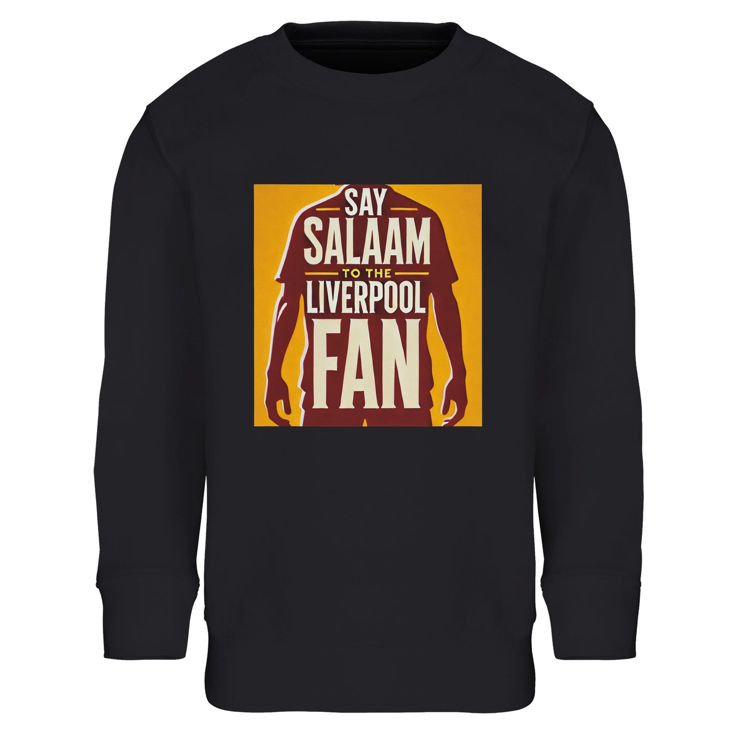 Say Salaam to the Liverpool Fan Design #3 Kids Sweatshirt – Black / Onyx featuring Mo Salah’s shadowed outline reimagined as a bold red figure set against a golden square with strong lettering. Designed for young Liverpool supporters who admire Salah’s Sujood and calm celebration, this sweatshirt blends softness with statement. Its brushed fleece and recycled fibres offer warmth and comfort, letting kids represent faith and football together — a tribute to Salah’s quiet strength.