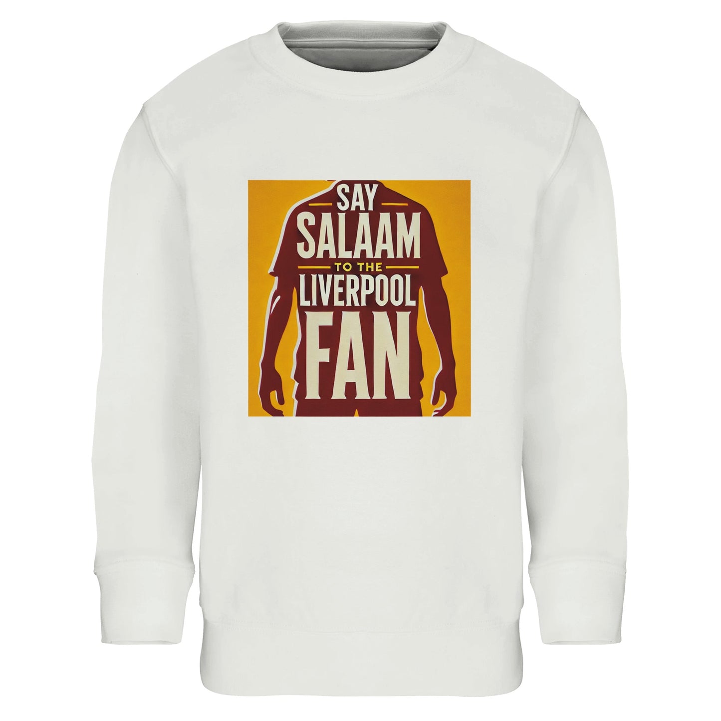 Say Salaam to the Liverpool Fan Design #3 Kids Sweatshirt – White / Platinum featuring a stylised red silhouette inspired by Mo Salah standing tall in front of bold text and a gold backdrop. Made from an 80% cotton and 20% recycled polyester blend, this soft brushed-fleece sweatshirt celebrates faith, humility, and football pride. A modest, durable choice for young Muslim fans who wear their support for Salah and the Reds like a badge of identity and devotion — proud and true.