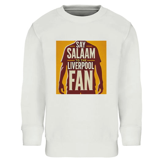 Say Salaam to the Liverpool Fan Design #3 Kids Sweatshirt – White / Platinum featuring a stylised red silhouette inspired by Mo Salah standing tall in front of bold text and a gold backdrop. Made from an 80% cotton and 20% recycled polyester blend, this soft brushed-fleece sweatshirt celebrates faith, humility, and football pride. A modest, durable choice for young Muslim fans who wear their support for Salah and the Reds like a badge of identity and devotion — proud and true.
