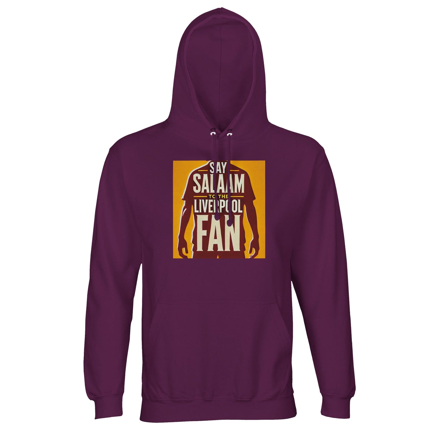 Say Salaam to the Liverpool Fan Design #3 Part-Recycled Unisex Cotton-Poly Hoodie – Astral Purple / Deep Maroon featuring a golden print with a red silhouette of a player and Liverpool-themed text. This sustainably made hoodie merges comfort and conscience with contemporary style. Soft brushed fleece adds warmth while the design reflects solidarity across stadiums and cities — a subtle fusion of passion, peace, and pride that echoes the word ‘Salaam’.