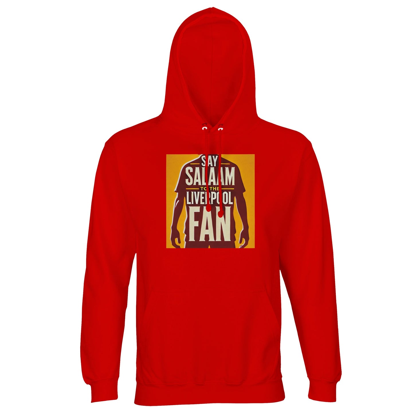 Say Salaam to the Liverpool Fan Design #3 Part-Recycled Unisex Cotton-Poly Hoodie – Bright Red / Anfield Scarlet featuring bold gold artwork of a footballer silhouette with proud typography spelling ‘Liverpool Fan’. Crafted from brushed cotton-poly fleece for warmth and comfort, it celebrates the intersection of faith, football, and friendship. A statement piece for those who cheer with conviction and live the values of respect, humility, and unity — both on and off the pitch.
