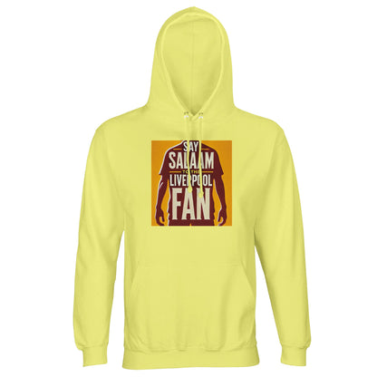 Say Salaam to the Liverpool Fan Design #3 Part-Recycled Unisex Cotton-Poly Hoodie – Light Yellow / Sunburst Tone with a minimalist red silhouette of a footballer beneath confident black and gold typography. Soft, substantial, and sustainable, this brushed-fleece hoodie combines everyday wearability with expressive fandom. Designed for those who see Salaam not just as a greeting but as a goal — a shared spirit that unites faith, football, and community.
