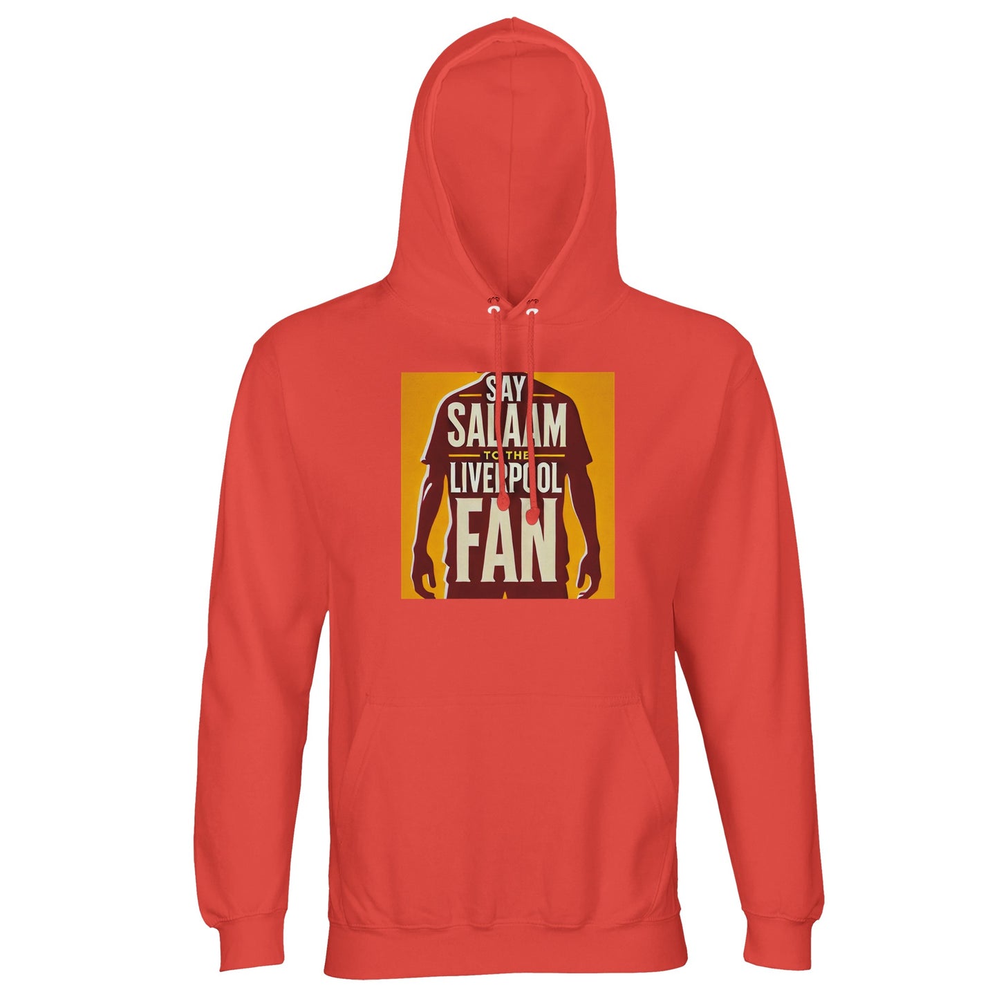 Say Salaam to the Liverpool Fan Design #3 Part-Recycled Unisex Cotton-Poly Hoodie – Pop Orange / Matchday Glow featuring deep red text and a silhouetted player on a gold field. Made from a sustainable cotton-poly blend for lasting comfort, this hoodie pairs Liverpool vibrance with the universal greeting of peace. Whether in prayer or in the stands, fans can wear this as a statement of unity — bridging cultures through the shared language of sport and Salaam.