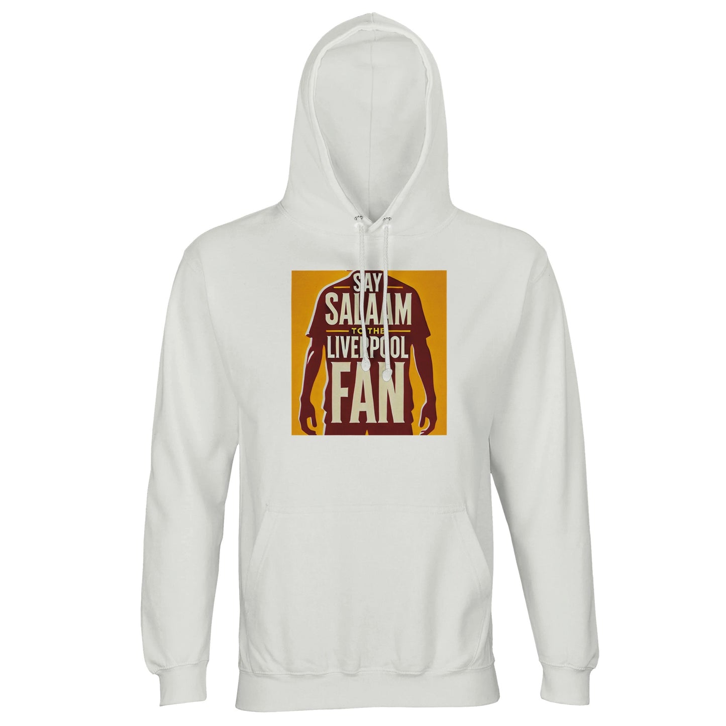 Say Salaam to the Liverpool Fan Design #3 Part-Recycled Unisex Cotton-Poly Hoodie – White / Platinum featuring a stylised silhouette of a footballer standing tall behind bold gold-and-red lettering. Made from a blend of 80% cotton and 20% recycled polyester, this soft brushed-fleece hoodie celebrates Liverpool’s passion and the inclusive spirit of Salaam. A statement of identity and belonging, perfect for fans who see their faith and football pride as part of the same story.
