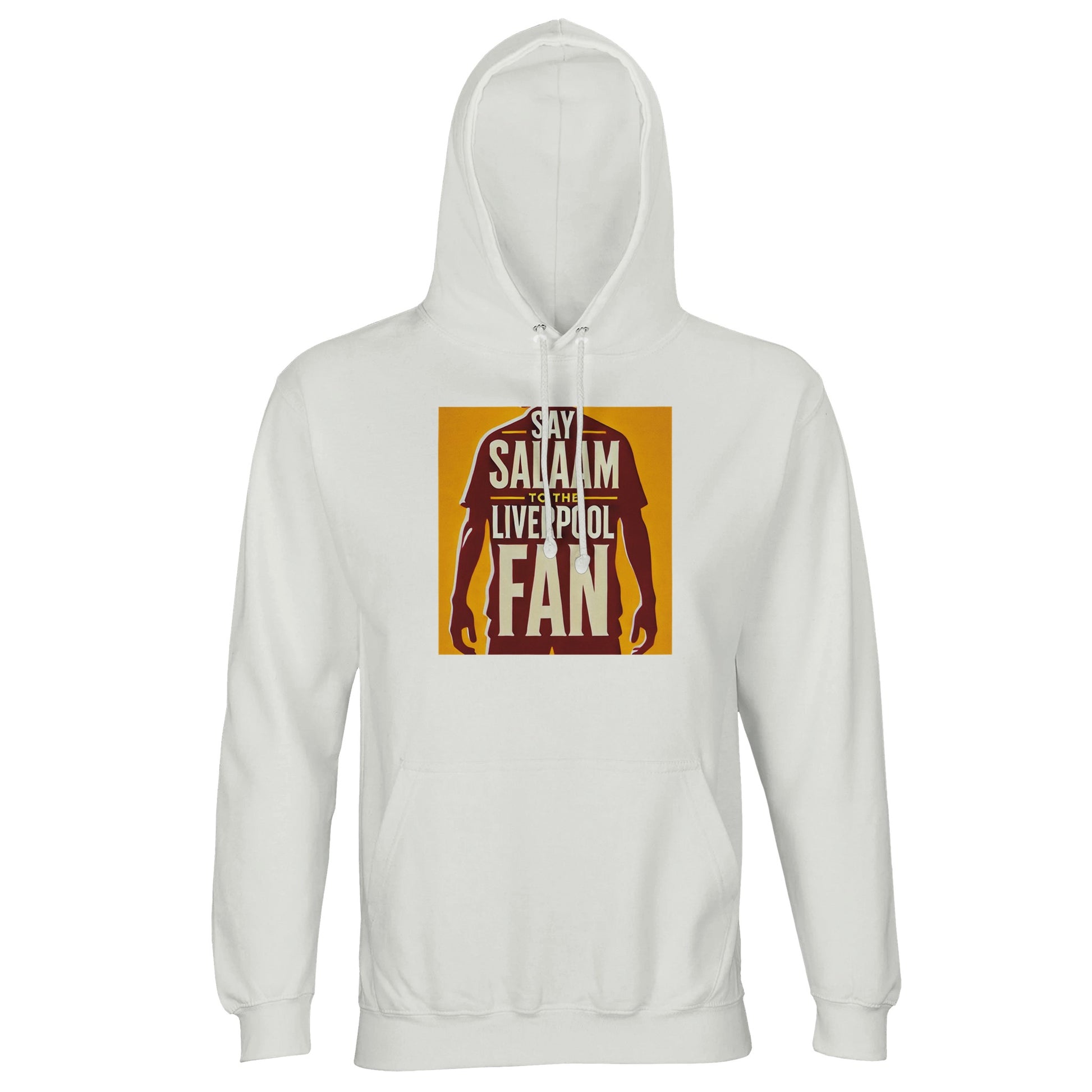 Say Salaam to the Liverpool Fan Design #3 Part-Recycled Unisex Cotton-Poly Hoodie – White / Platinum featuring a stylised silhouette of a footballer standing tall behind bold gold-and-red lettering. Made from a blend of 80% cotton and 20% recycled polyester, this soft brushed-fleece hoodie celebrates Liverpool’s passion and the inclusive spirit of Salaam. A statement of identity and belonging, perfect for fans who see their faith and football pride as part of the same story.