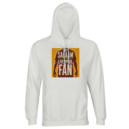 Say Salaam to the Liverpool Fan Design #3 Part-Recycled Unisex Cotton-Poly Hoodie – White / Platinum featuring a stylised silhouette of a footballer standing tall behind bold gold-and-red lettering. Made from a blend of 80% cotton and 20% recycled polyester, this soft brushed-fleece hoodie celebrates Liverpool’s passion and the inclusive spirit of Salaam. A statement of identity and belonging, perfect for fans who see their faith and football pride as part of the same story.
