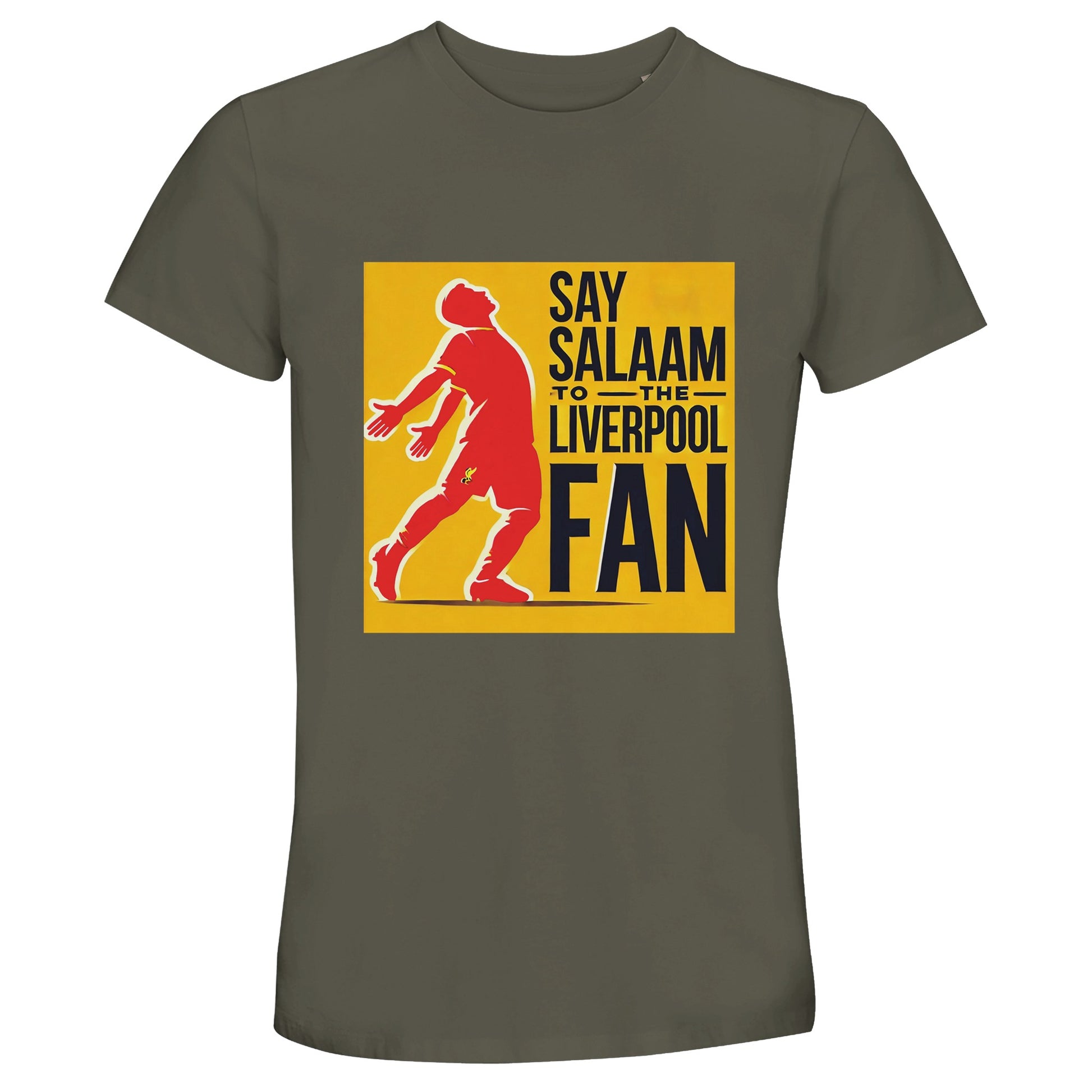 Say Salaam to the Liverpool Fan Design #5 50% Recycled Unisex Cotton T-Shirt – Army / Olive Drab featuring a red figure of Mo Salah celebrating with arms raised — an image of calm faith and power. With gold and black accents, this modest football tee honours Muslim pride and Liverpool legacy alike. Crafted from soft recycled cotton for comfort and conscience, it’s a go-to top for Salah admirers and football believers who carry Anfield energy and Salaam spirit from matchday to daily life.
