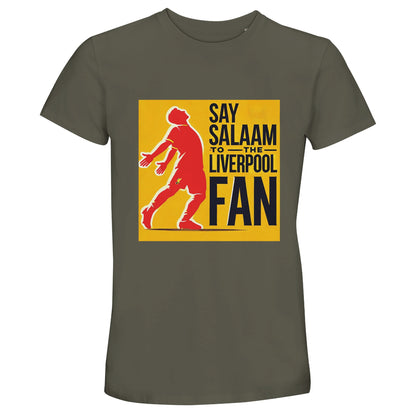 Say Salaam to the Liverpool Fan Design #5 50% Recycled Unisex Cotton T-Shirt – Army / Olive Drab featuring a red figure of Mo Salah celebrating with arms raised — an image of calm faith and power. With gold and black accents, this modest football tee honours Muslim pride and Liverpool legacy alike. Crafted from soft recycled cotton for comfort and conscience, it’s a go-to top for Salah admirers and football believers who carry Anfield energy and Salaam spirit from matchday to daily life.